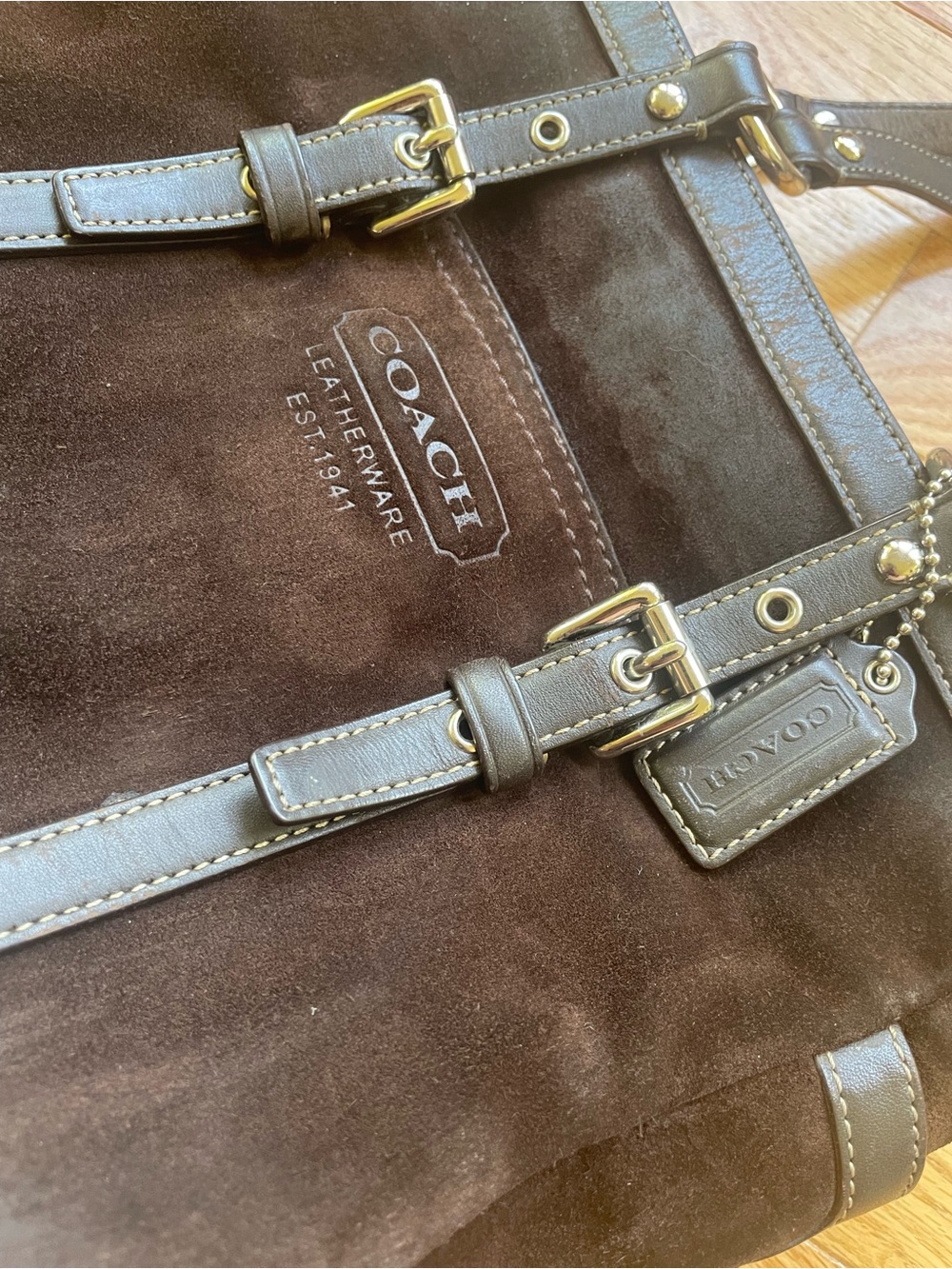 Coach Chocolate Brown Suede “Lunch Bag” with Leather Trim Y2K - Picture 6 of 12